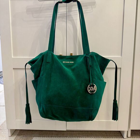 Michael Kors Ashbury Large Suede Grab Bag - Emerald Gold Accents Dust Bag